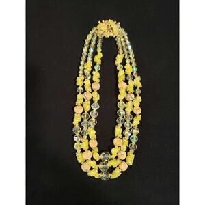 Vintage Yellow Crystal & Marble Bead 3 Strand Chocker